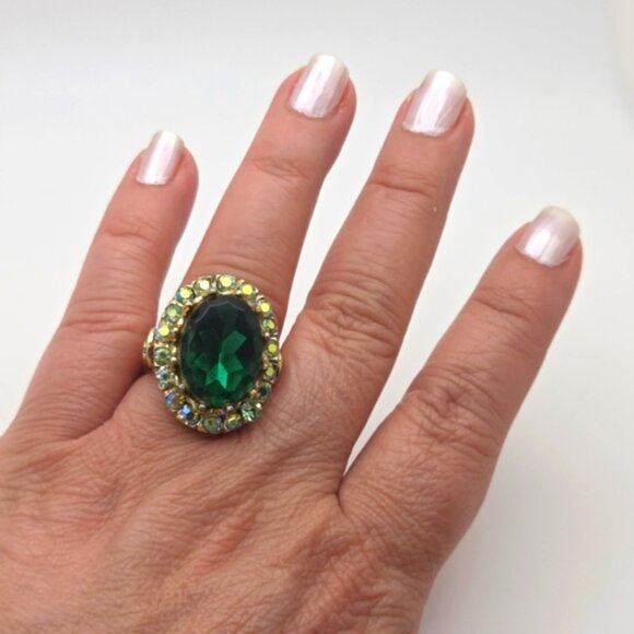 Vintage Gold Plated Green Stone Statement Ring AB rhinestones - Picture 1 of 5